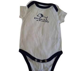 White and Navy Baby Onesie with Dog Embroidery